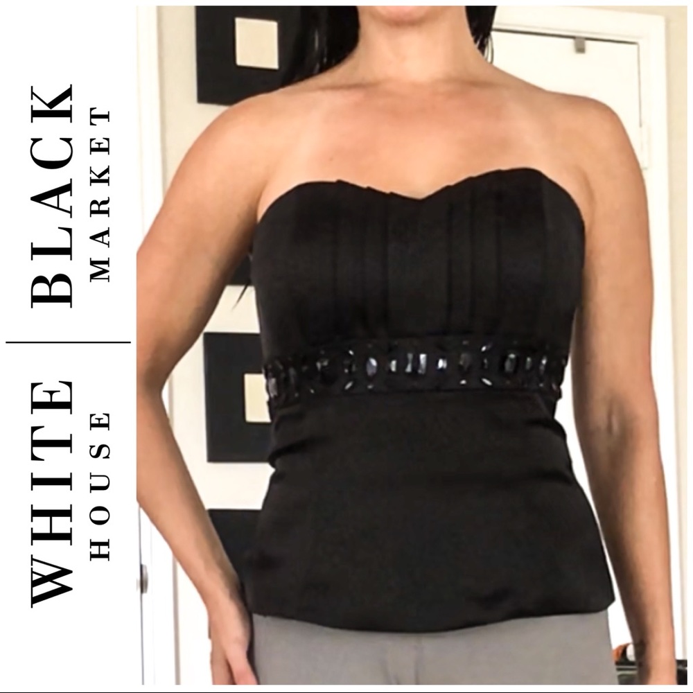 WHBM Jeweled Black Satin Corset Peplum Top